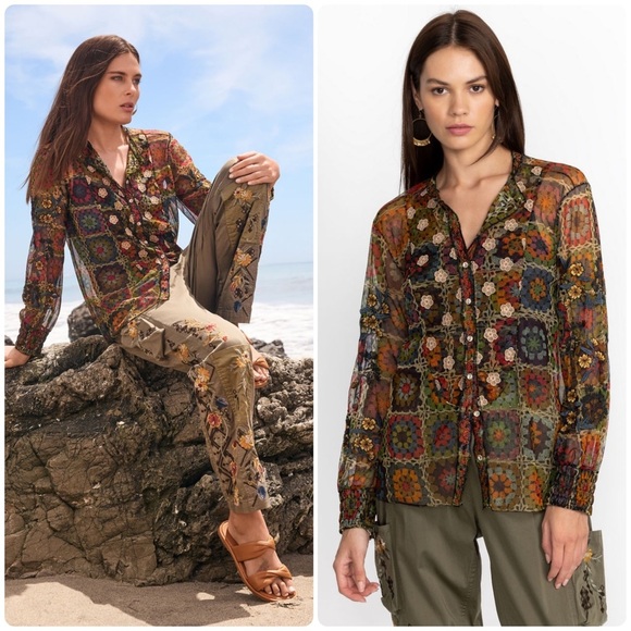 New! Johnny Was Flavie Mesh Embroidered Crochet 3D Flower Blouse 🌻 Medium - Picture 1 of 16